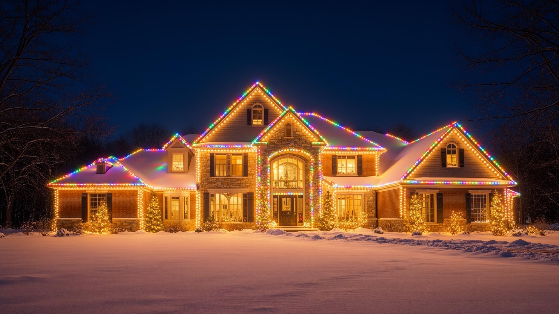 Denver Metro home with professional holiday roofline lights and tree wraps in winter